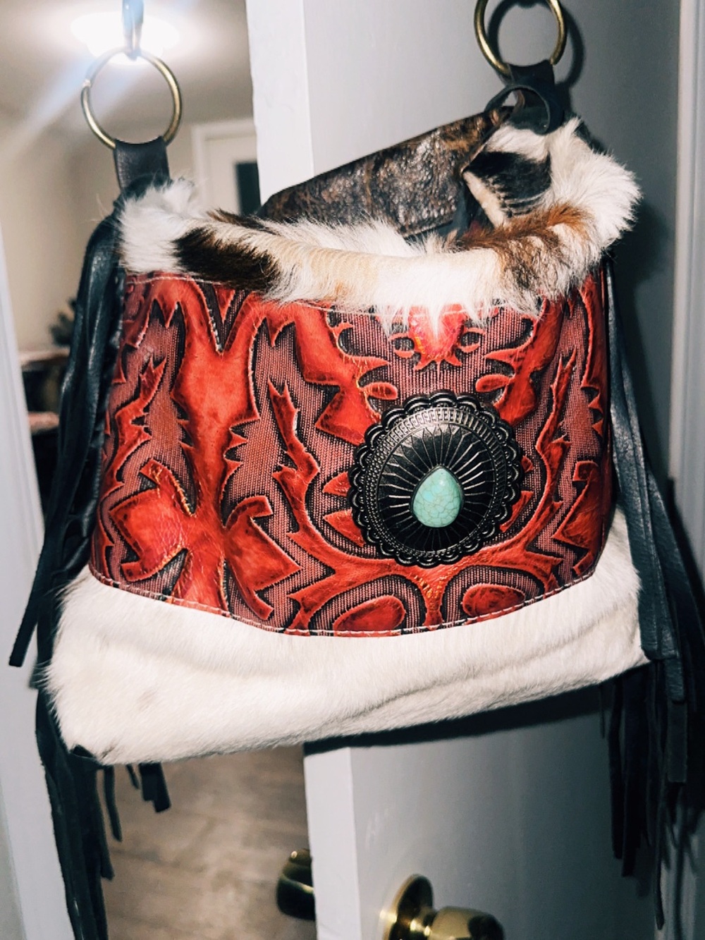 Red Tooled Leather Shoulder Bag with Fur Trim and Turquoise Concho